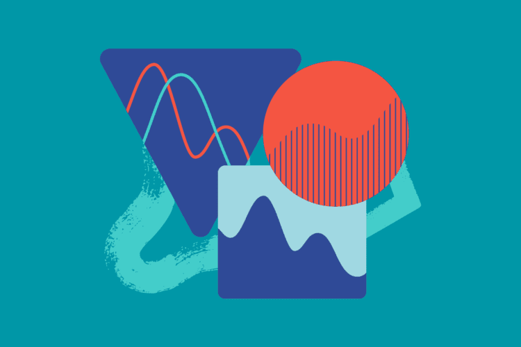 Abstract shapes including a blue triangle, a red circle with lines, and a blue rectangle with wave patterns on a teal background.