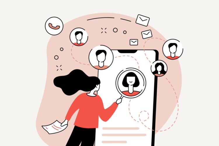 Illustration of a person interacting with a smartphone displaying profile icons, with communication symbols like phone and email surrounding the device.