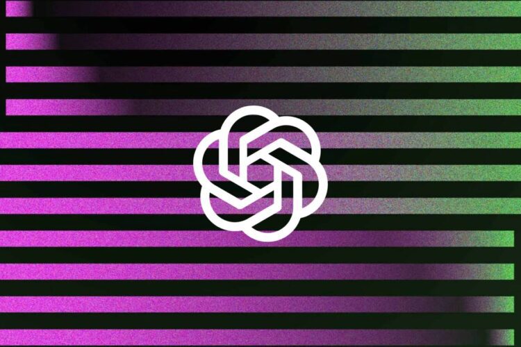OpenAI logo centered over horizontal purple and green stripes on a black background, with a gradient effect on the left side.
