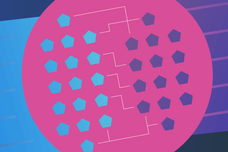 Abstract illustration of blue and purple pentagons connected by white lines on a pink circular background with blue and purple accents.