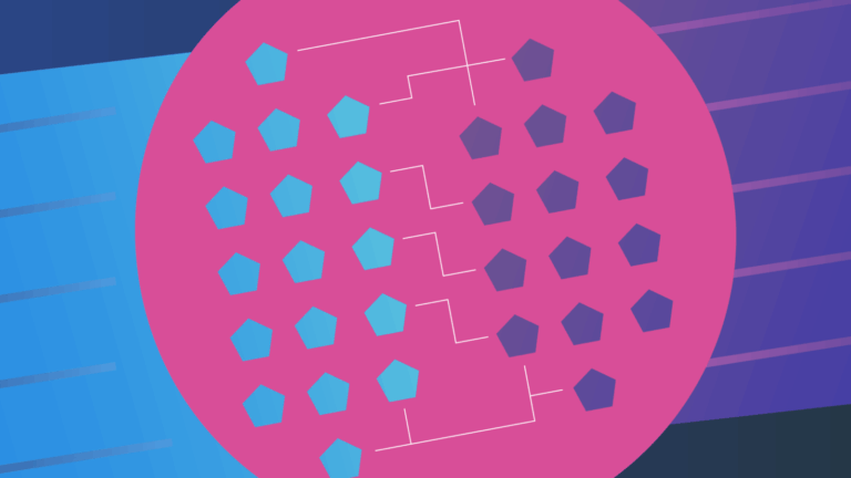 Abstract illustration of blue and purple pentagons connected by white lines on a pink circular background with blue and purple accents.