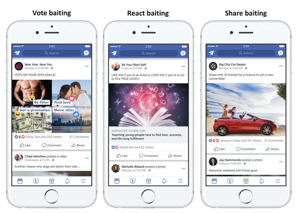Facebook engagement bait posts examples: vote baiting, react baiting, share baiting Types Of Engagement Bait Posts That Facebook Will Penalize