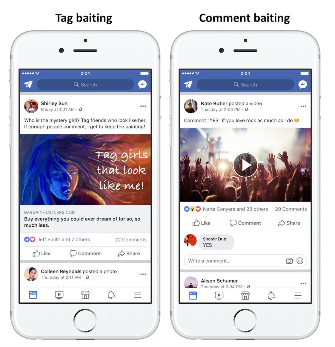 Facebook engagement bait post examples: tag baiting, comment baiting Types Of Engagement Bait Posts That Facebook Will Penalize