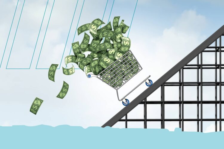 Illustration of a shopping cart filled with cash going up a roller coaster track, with some bills falling out, against a sky background.