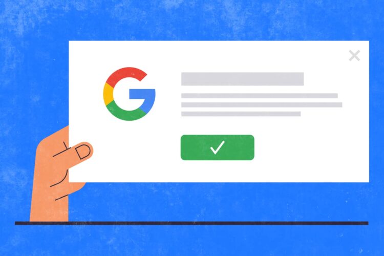 Illustration of a hand holding a card with the Google logo, grey text lines, and a green check mark button against a blue background.