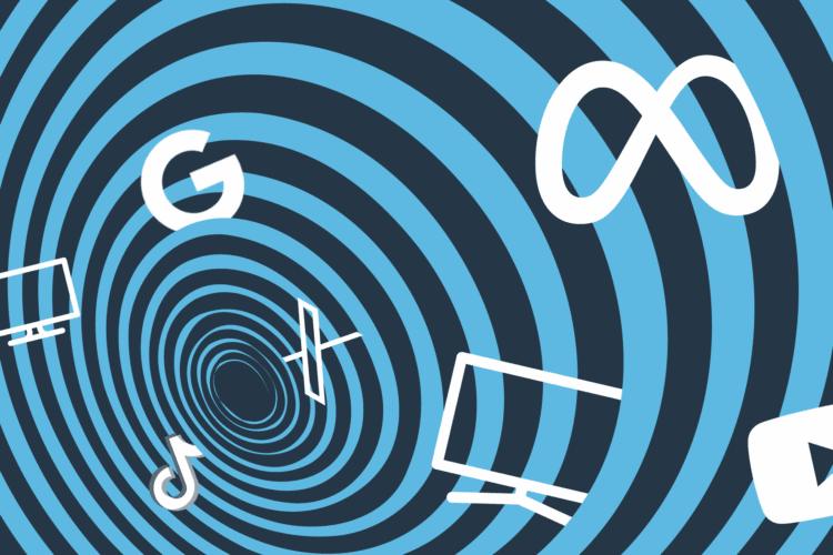 Blue and black spiral background with white icons for Google, Meta, YouTube, TikTok, and televisions, representing major digital media platforms.