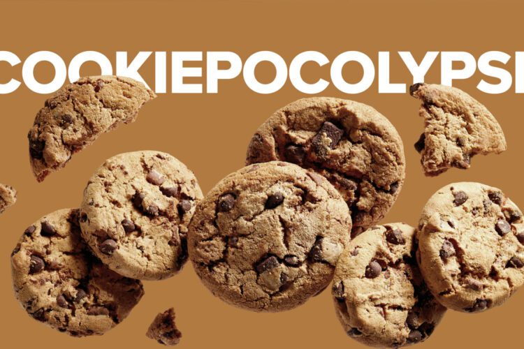 Chocolate chip cookies, whole and broken, are scattered across a brown background with the word "COOKIEPOCOLYPSE" in bold white text above them.