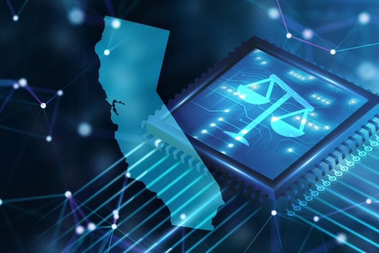 A digital illustration of a computer chip with legal scales next to an outline of California, symbolizing technology law in the state.