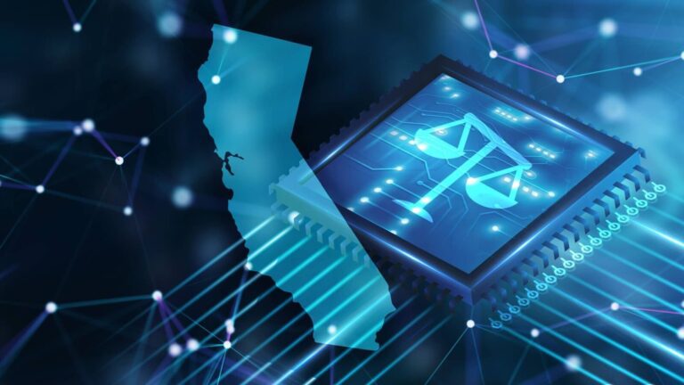 A digital illustration of a computer chip with legal scales next to an outline of California, symbolizing technology law in the state.