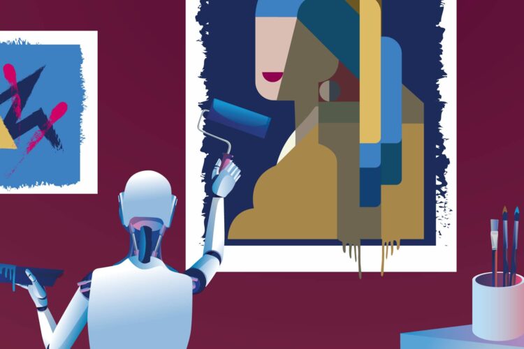 A robot paints an abstract portrait on a canvas, surrounded by other artworks and painting supplies.