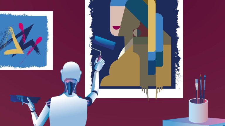 A robot paints an abstract portrait on a canvas, surrounded by other artworks and painting supplies.