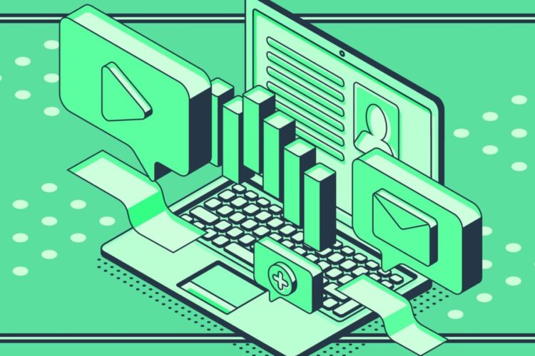 An illustration of a laptop with digital icons for video, chat, and documents emerging from the screen and keyboard, representing online communication and multimedia.