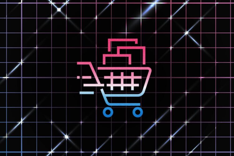 A digital shopping cart icon with overlapping rectangles, outlined in pink and blue, is centered on a black grid background with white glowing star effects.