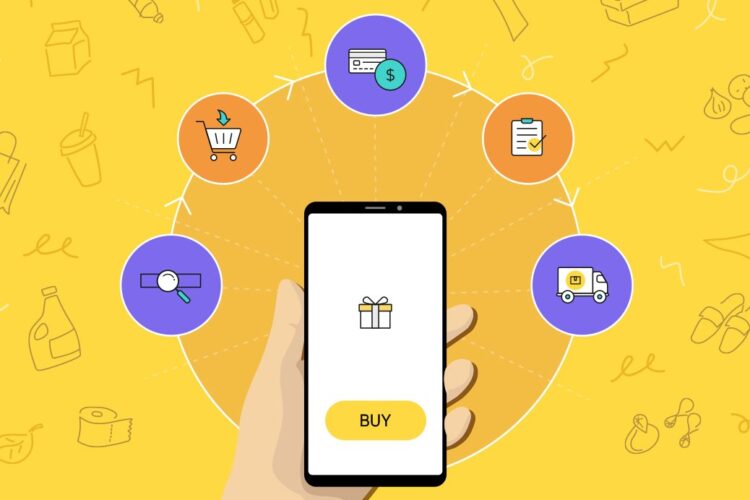 A hand holds a smartphone with a "Buy" button; icons around it show payment, checklist, delivery, magnifying glass, and shopping cart, representing online shopping steps.