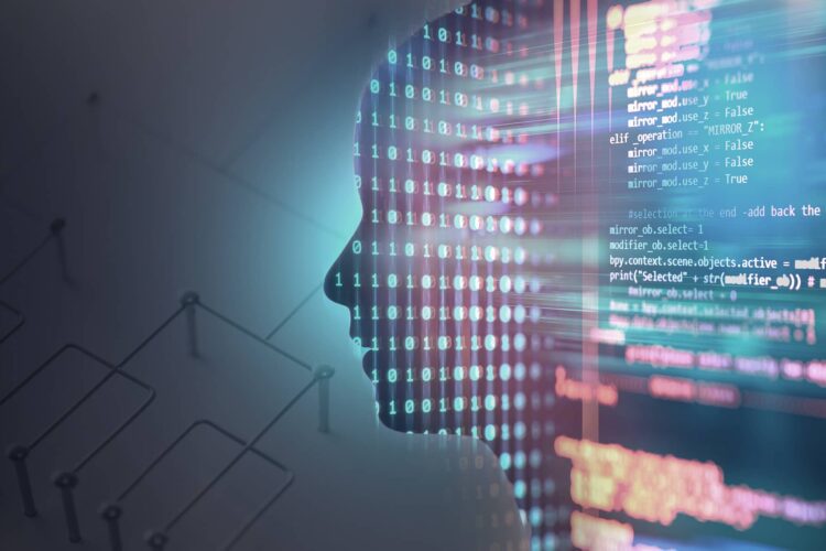 Silhouette of a human head overlaid with binary code and computer programming code, symbolizing artificial intelligence and digital technology.