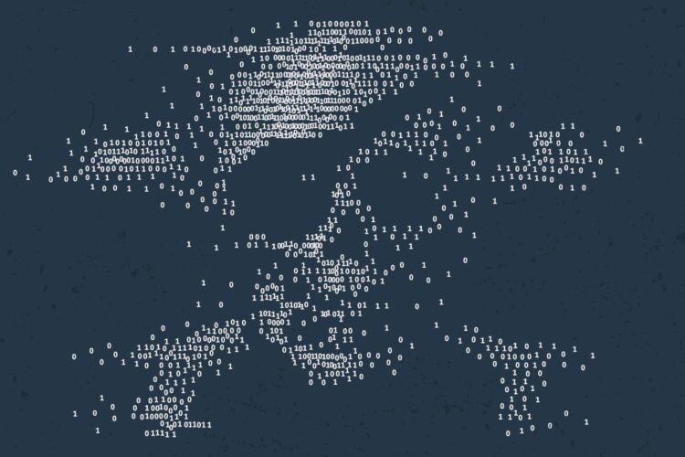 Digital illustration of a skull and crossbones created using binary code (ones and zeros) on a dark background.