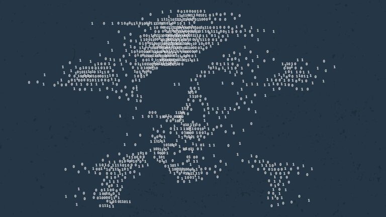 Digital illustration of a skull and crossbones created using binary code (ones and zeros) on a dark background.