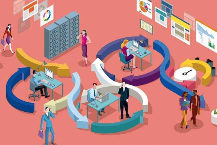 A group of people working in an office.