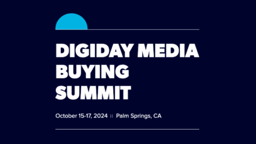 Event graphic announcing Digiday Media Buying Summit, October 15-17, 2024, in Palm Springs, California, on a dark blue background with white text and a blue semi-circle.