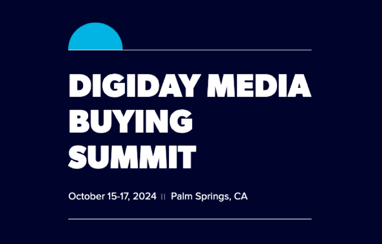 Event graphic announcing Digiday Media Buying Summit, October 15-17, 2024, in Palm Springs, California, on a dark blue background with white text and a blue semi-circle.