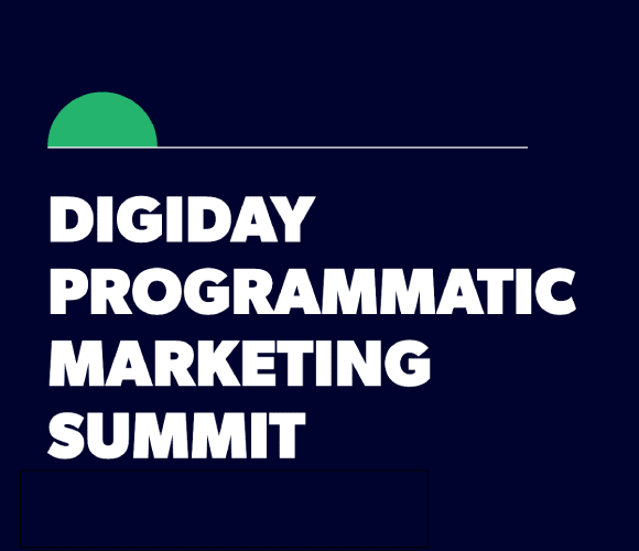Text graphic reading "Digiday Programmatic Marketing Summit" in bold white letters on a dark blue background with a green semicircle above the text.