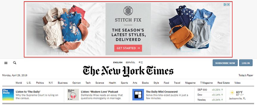 A display ad above the New York Times home page