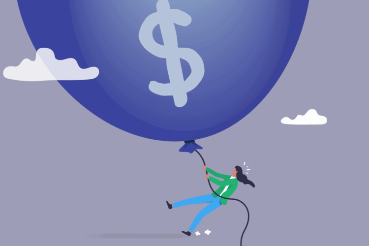 Illustration of a person holding onto a string attached to a large blue balloon with a dollar sign, floating in the sky with clouds.