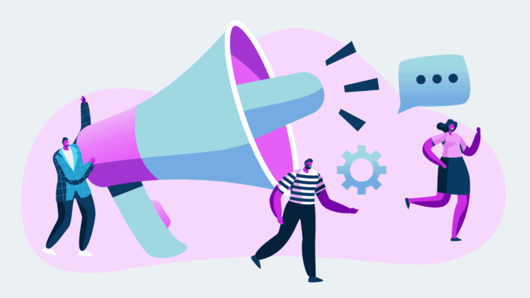 Illustration of three people near a large megaphone, a speech bubble, and a gear symbol, suggesting themes of communication and teamwork.