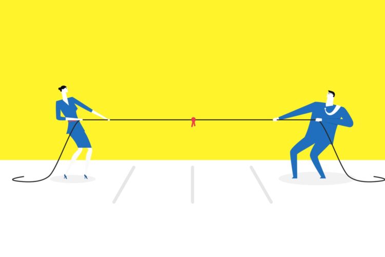 Illustration of a woman and a man in business attire pulling opposite ends of a rope in a tug-of-war against a yellow background.