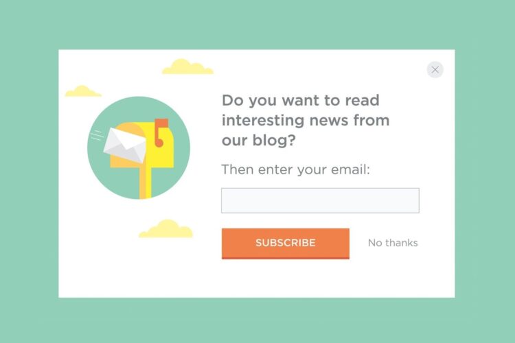 A pop-up form on a green background asks users to subscribe to a blog by entering their email, with "Subscribe" and "No thanks" buttons.