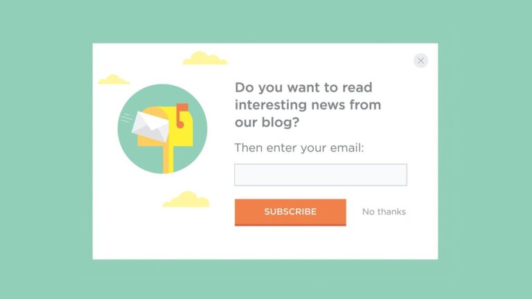 A pop-up form on a green background asks users to subscribe to a blog by entering their email, with "Subscribe" and "No thanks" buttons.