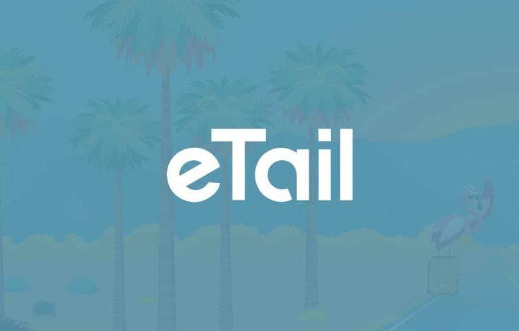 White text "eTail" centered over a blue-tinted background with palm trees, mountains, and a person riding a flamingo float.