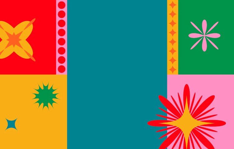Colorful geometric pattern with rectangles and starburst shapes in red, yellow, green, teal, and pink, separated by decorative borders.