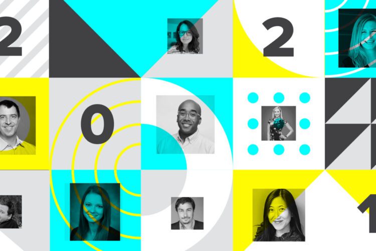 A geometric grid displays the numbers 2021 and nine headshots of diverse individuals placed within some of the grid squares.