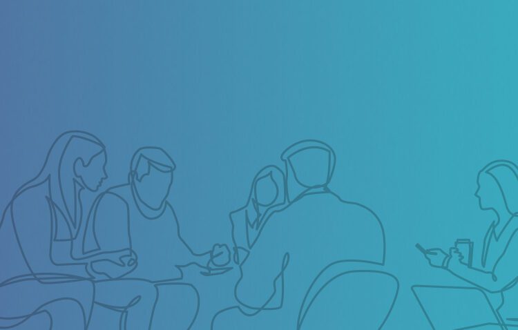 Outline illustration of five people sitting in a group discussion; one person is holding a tablet and a cup, while others are engaged in conversation against a blue gradient background.