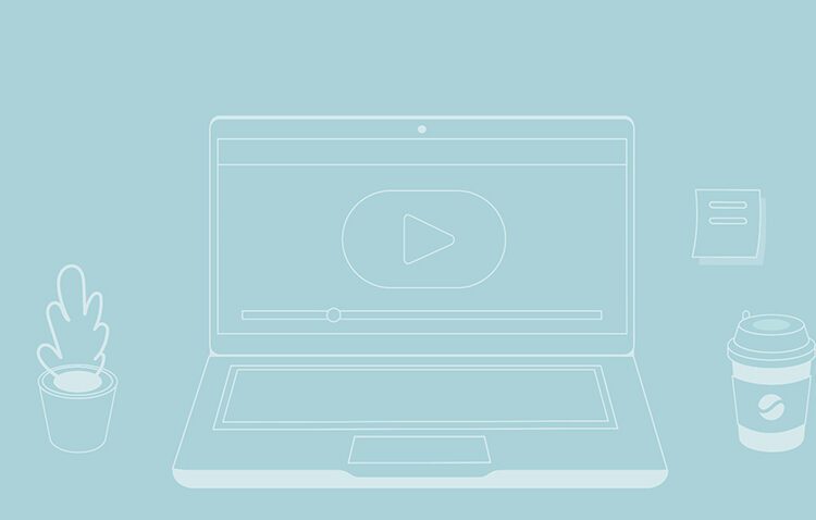 Outlined illustration of an open laptop displaying a video player interface, with a coffee cup, notepad, plant, and desk lamp nearby, all on a light blue background.
