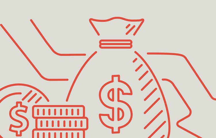 Red line drawing of a money bag with a dollar sign, coins, and upward-trending graph lines on a light background.