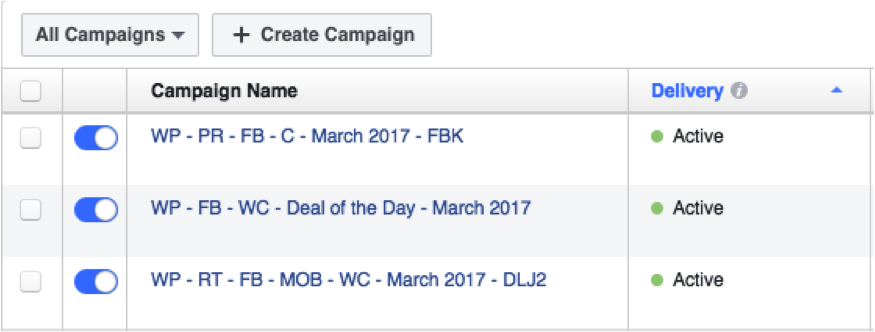 facebook dashboard of active campaigns