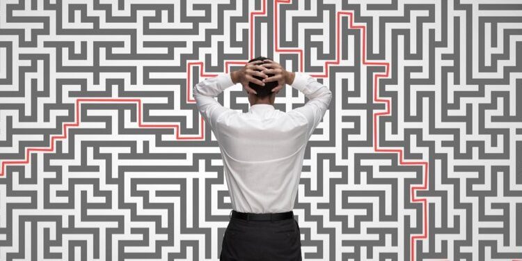 A person stands facing a large wall-sized maze with a red path highlighted, hands resting on the back of their head.