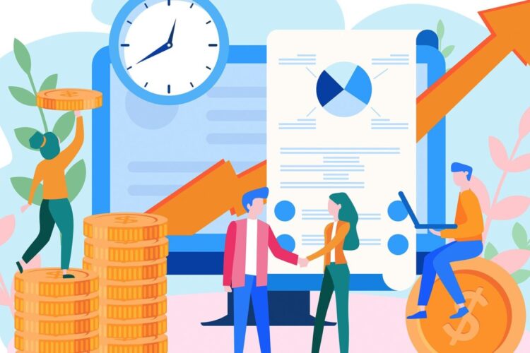Illustration of people with coins, a clock, charts, and an upward arrow, symbolizing financial growth, teamwork, and productivity.