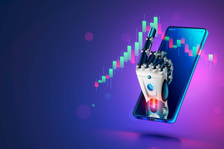 A robotic hand emerging from a smartphone points to rising financial charts, symbolizing artificial intelligence in stock trading.