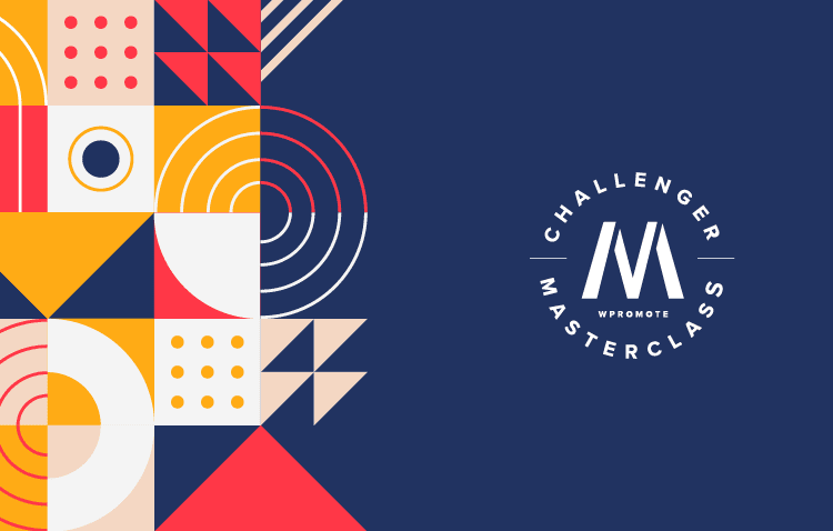 Geometric shapes in red, yellow, pink, and white on the left; "Challenger Masterclass" and "WPromote" logo on a dark blue background on the right.