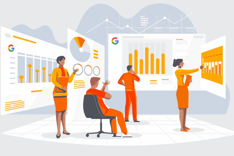 Four people in an office analyze large digital screens displaying charts, graphs, and data visualizations.
