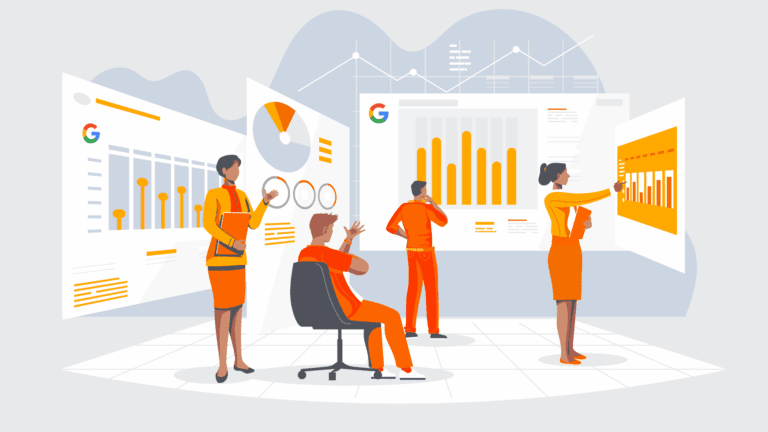 Four people in an office analyze large digital screens displaying charts, graphs, and data visualizations.