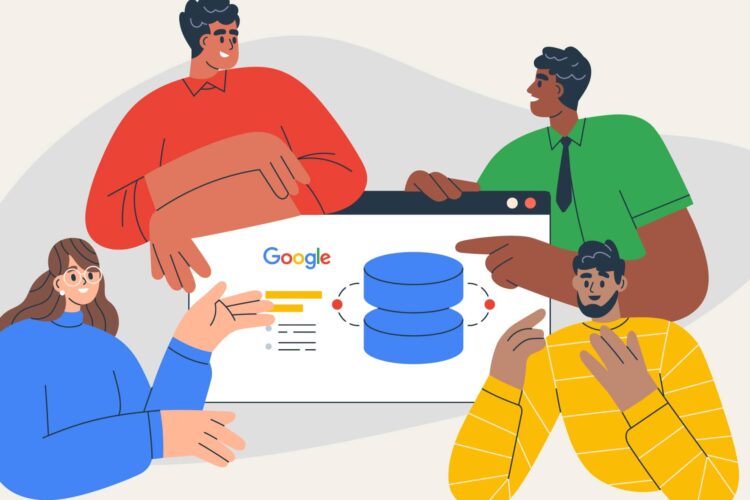 Four people sit around a large screen displaying the Google logo, charts, and database icons, discussing data or search engine concepts.