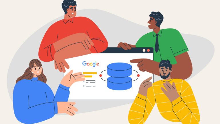 Four people sit around a large screen displaying the Google logo, charts, and database icons, discussing data or search engine concepts.