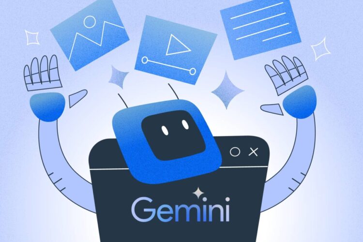 Illustration of a robot with "Gemini" on its body, raising hands while images, a video, and a document icon float above it.