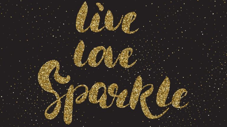 Gold glitter text on a black background reads "live love sparkle," surrounded by scattered gold dots resembling glitter or stars.