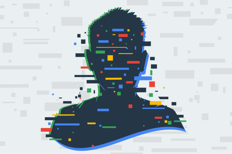 Silhouette of a person's head and shoulders overlaid with multicolored glitch-like digital blocks on a light background with scattered rectangles.