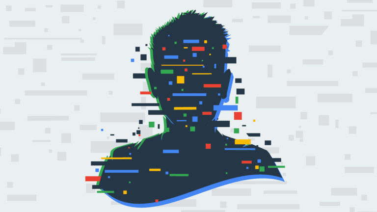 Silhouette of a person's head and shoulders overlaid with multicolored glitch-like digital blocks on a light background with scattered rectangles.